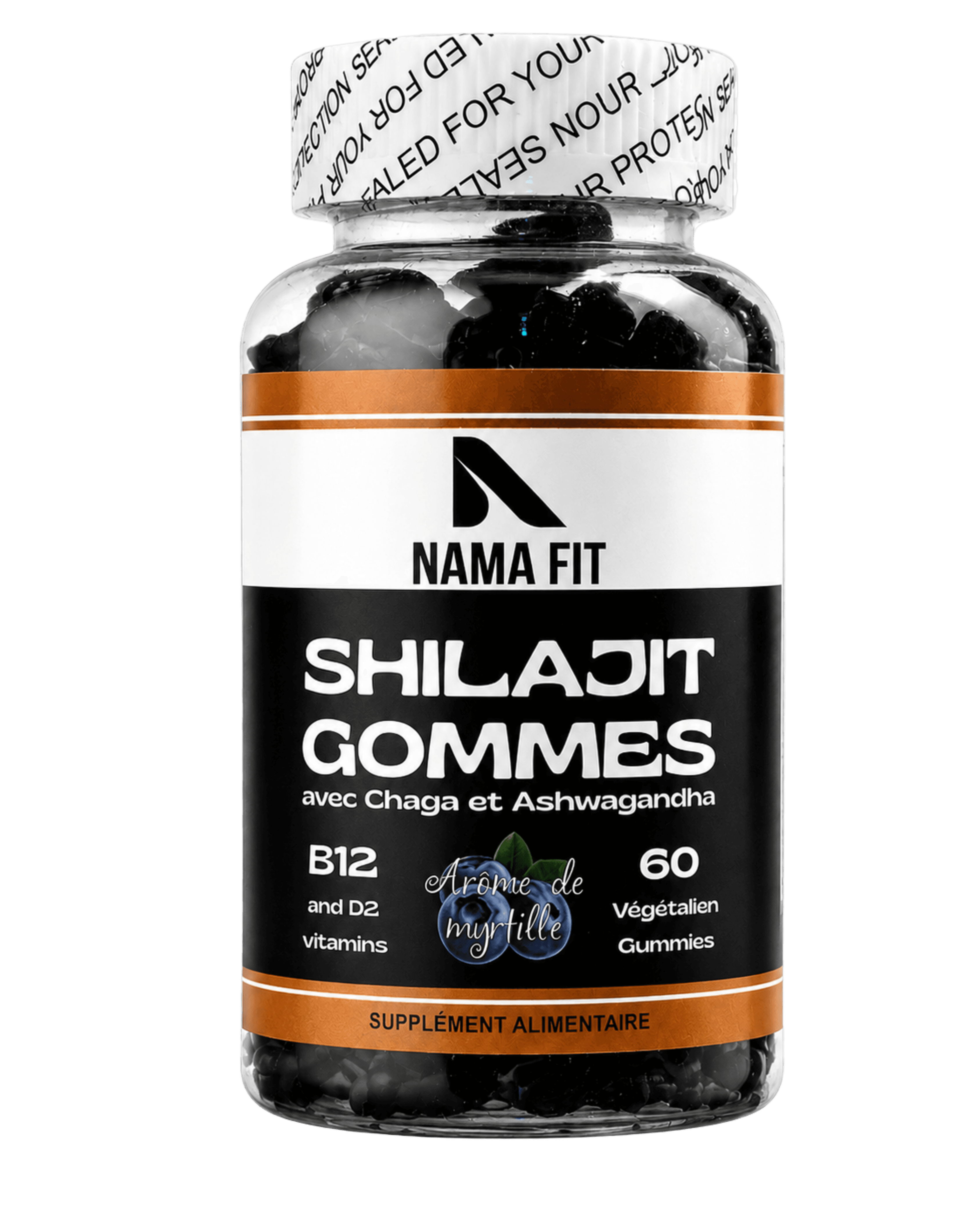 Bouteille Gummies Shilajit, Ashwagandha et Chaga Nama-fit